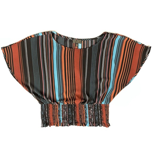 OLM Elastic Waist Blouse Size Large Brown Striped Multi Color Bohemian Fashion - Picture 1 of 15
